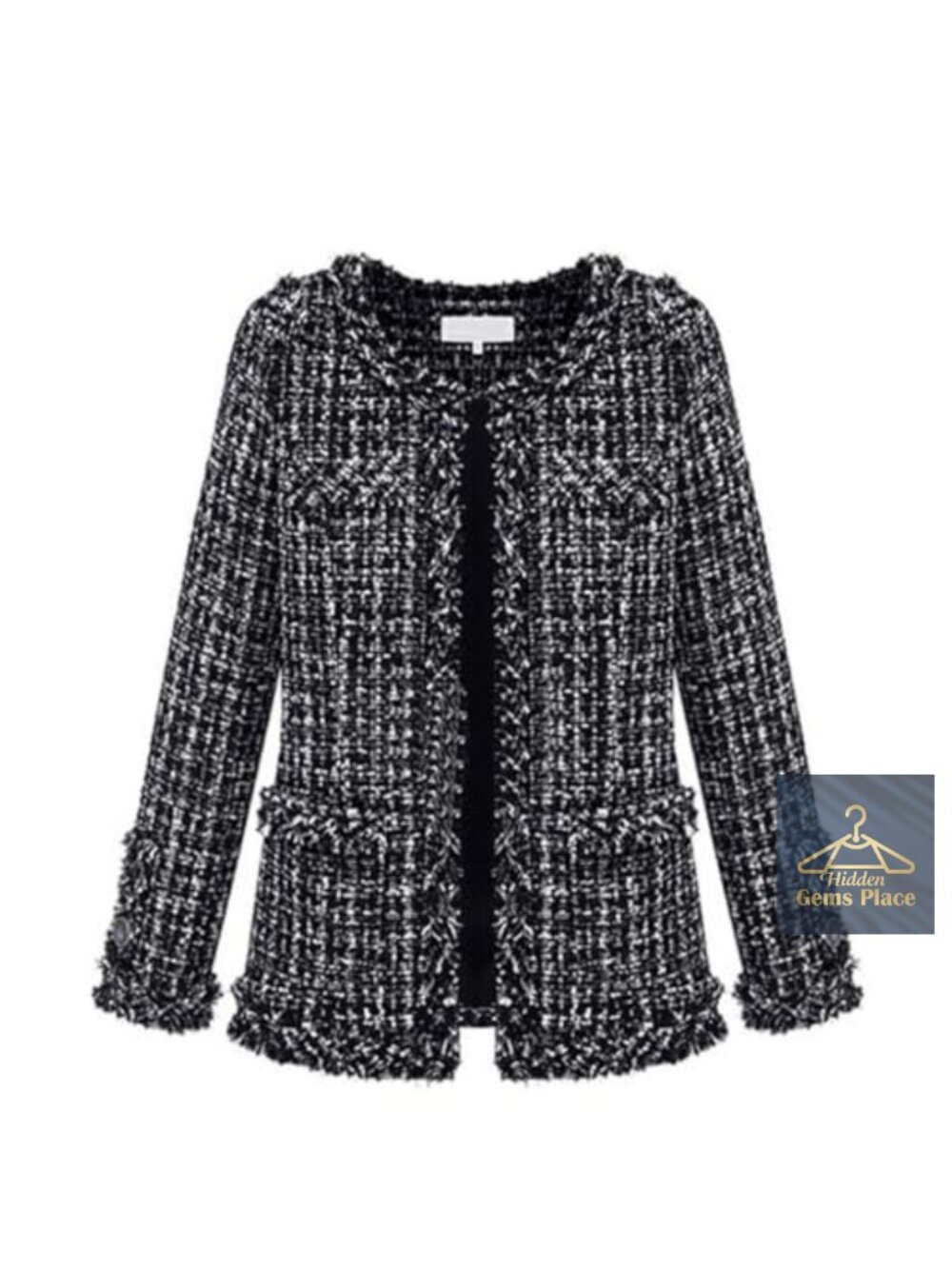 Women's Tweed Blazer Jacket Collarless Open Front Business Casual Workwear